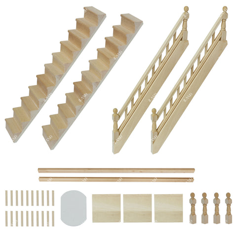 Dollhouse Stairs w/ Adjustable Handrails 2 Sets & DIY Railing