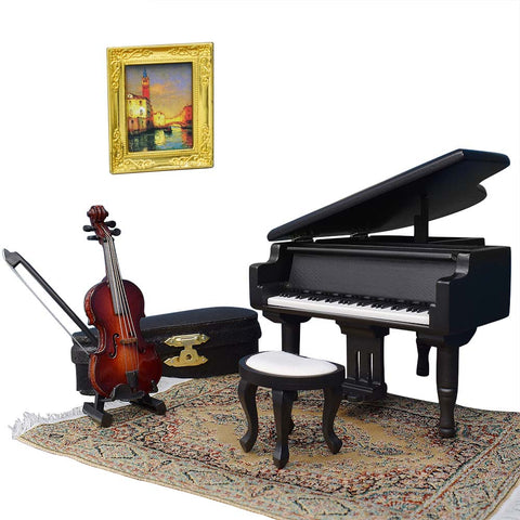 Piano Music Box & Miniature Violin Set