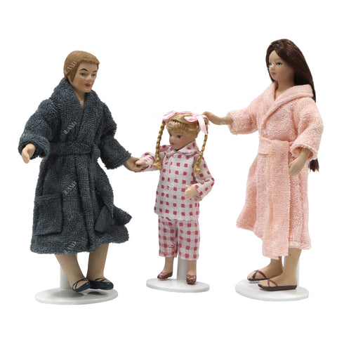 1:12 Scale Man in Robe, Woman in Robe & Pajamas Girl Doll Set