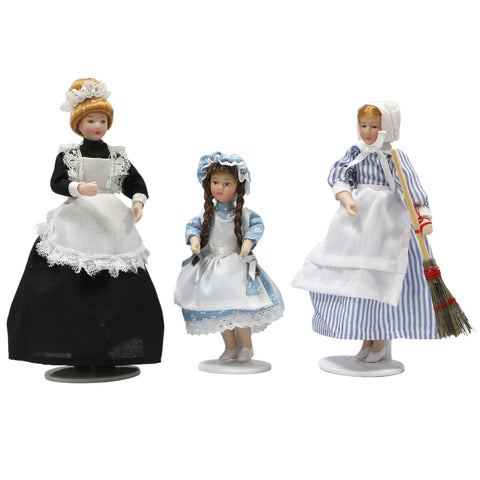 1:12 Scale Victorian Maid, Housekeeper & Girl Doll Set (Blue Outfit with Braided Hair & Hat)