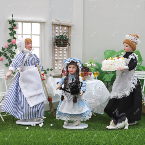1:12 Scale Victorian Maid, Housekeeper & Girl Doll Set (Blue Outfit with Braided Hair & Hat)