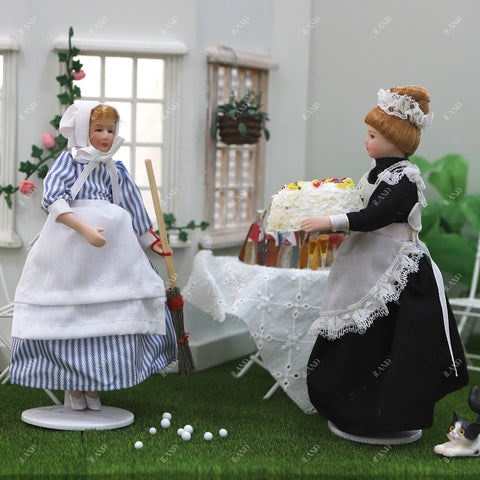 1:12 Scale Victorian Maid, Housekeeper & Girl Doll Set (Blue Outfit with Braided Hair & Hat)