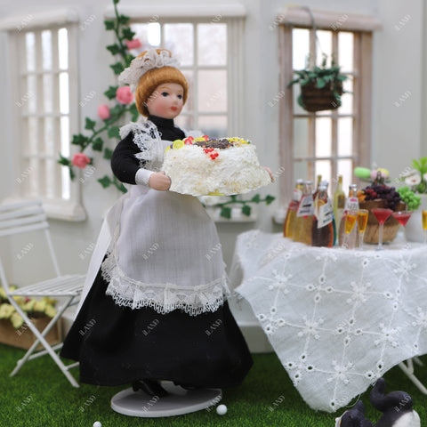 1:12 Scale Victorian Maid, Housekeeper & Girl Doll Set (Blue Outfit with Braided Hair & Hat)