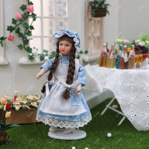 1:12 Scale Victorian Maid, Housekeeper & Girl Doll Set (Blue Outfit with Braided Hair & Hat)
