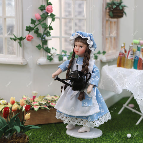 1:12 Scale Victorian Maid, Housekeeper & Girl Doll Set (Blue Outfit with Braided Hair & Hat)