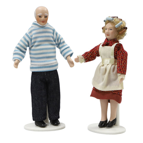 1:12 Scale Elderly Man in Blue Striped Sweater & Curly-Haired Grandmother Doll Set
