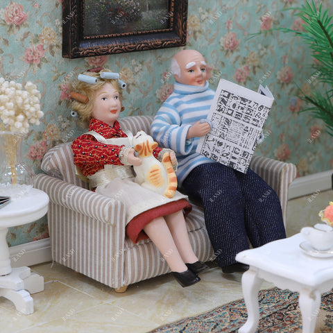1:12 Scale Elderly Man in Blue Striped Sweater & Curly-Haired Grandmother Doll Set