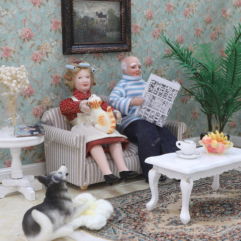 1:12 Scale Elderly Man in Blue Striped Sweater & Curly-Haired Grandmother Doll Set