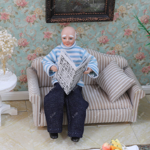 1:12 Scale Elderly Man in Blue Striped Sweater & Curly-Haired Grandmother Doll Set