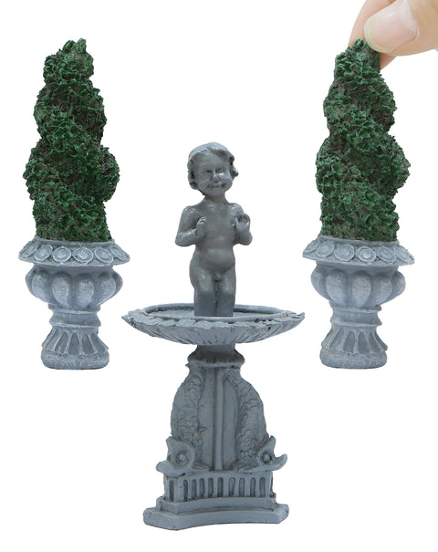 Fairy Garden Accessories Outdoor Mini Water Fountain & 2 Topiary Twist Trees in Pots