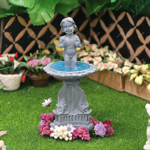 Fairy Garden Accessories Outdoor Mini Water Fountain & 2 Topiary Twist Trees in Pots
