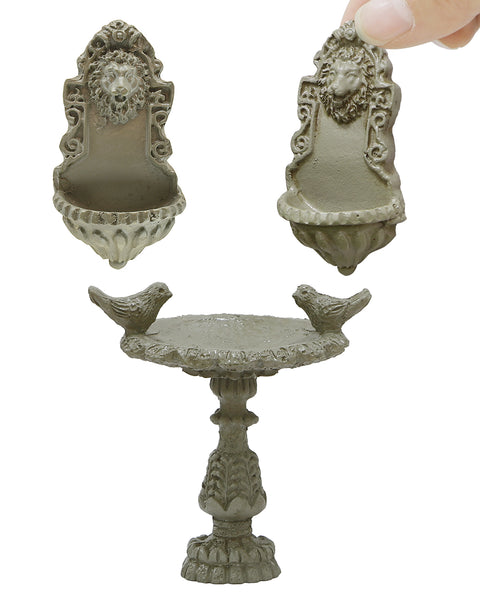 Fairy Garden Accessories Birdbath Fountain & 2 Mini Lion Wall Reliefs