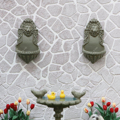 Fairy Garden Accessories Birdbath Fountain & 2 Mini Lion Wall Reliefs
