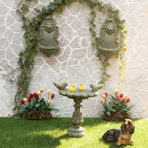 Fairy Garden Accessories Birdbath Fountain & 2 Mini Lion Wall Reliefs