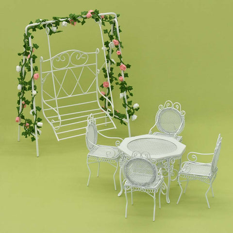 Dollhouse Patio Table w/Chairs & Iron Swing w/Rose Vines