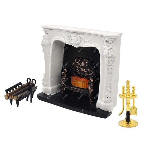 Rococo Dollhouse Fireplace w/ Tools & Firewood Rack
