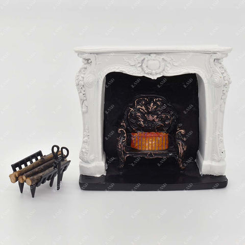 Rococo Dollhouse Fireplace w/ Tools & Firewood Rack
