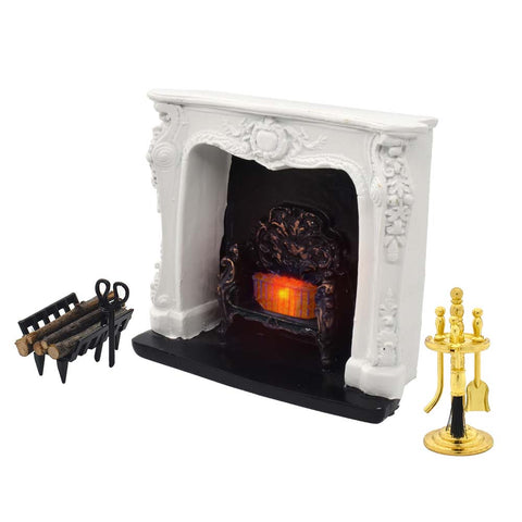 Rococo Dollhouse Fireplace w/ Tools & Firewood Rack